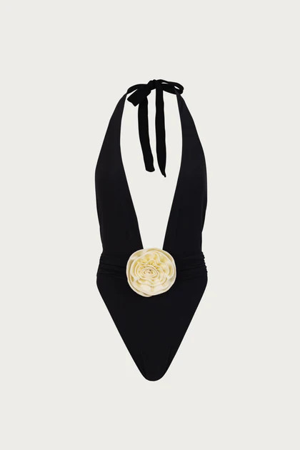 Rosette V One Piece (Faux Suede Black/Cream) | SAME