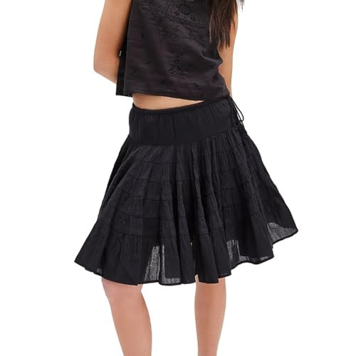 Womens Free Knee Length People FP Dupes Skirts Boho Y2k Going Out Streetwear Lace Trim Ruffle Hem Teen Girls Preppy Flowy Pleated A Line Short Tiered Layered Skirt Mini Dress (Black, M) | Amazon (US)