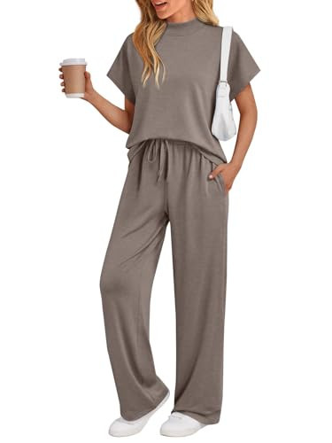 AUTOMET Women's 2 Piece Matching Lounge Sets 2026 Summer Mock Neck Sweatsuits Short Sleeve Loungewear Travel Outfits Mocha M | Amazon (US)