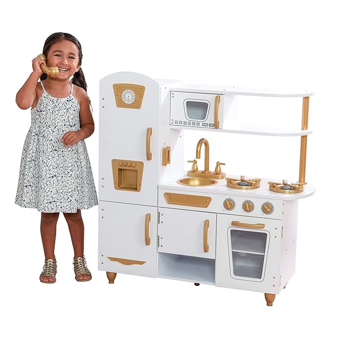 KidKraft Exclusive Edition Modern White Play Kitchen with Gold Accents & 27Piece Cookware Set | Amazon (US)