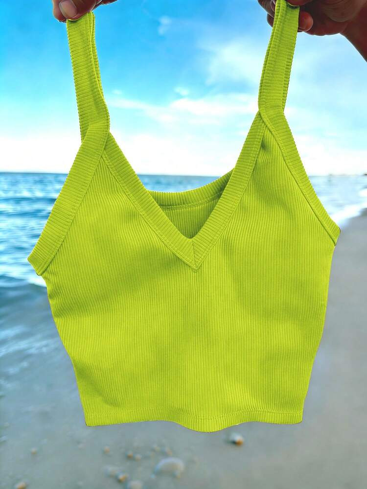 Franclia Women's Fluorescent Green V-Neck Spaghetti Strap Casual Beach Vacation | SHEIN