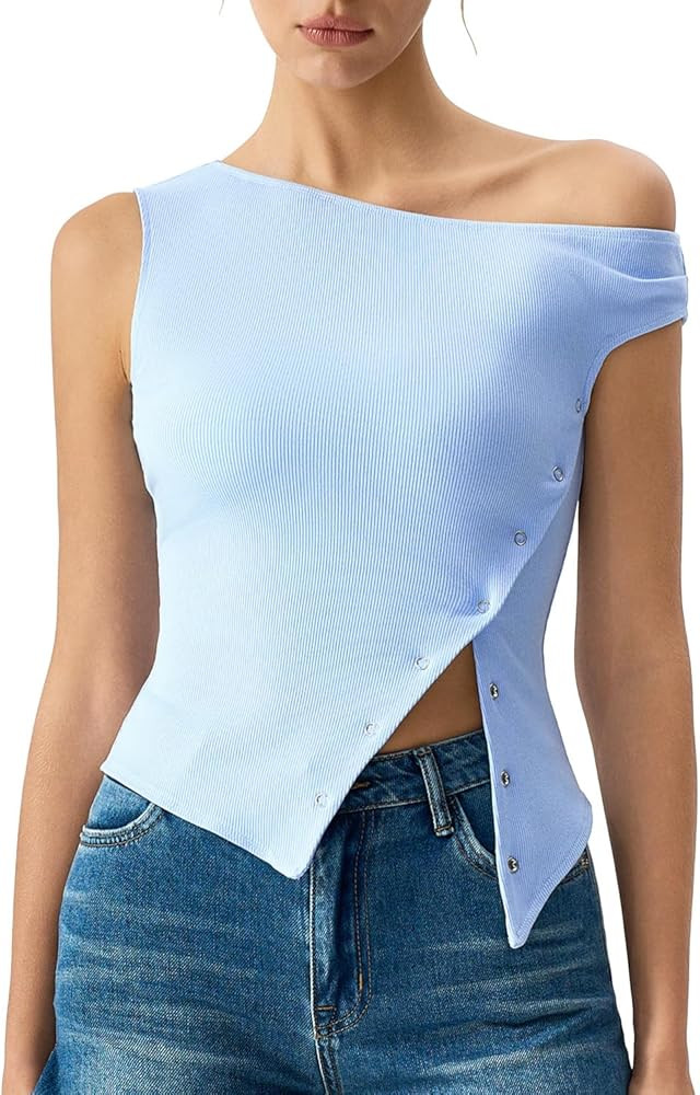 QINSEN Womens Off Shoulder Asymmetrical Tops Diagonal Button-up Closure Split Hem Cropped T Shirt... | Amazon (US)