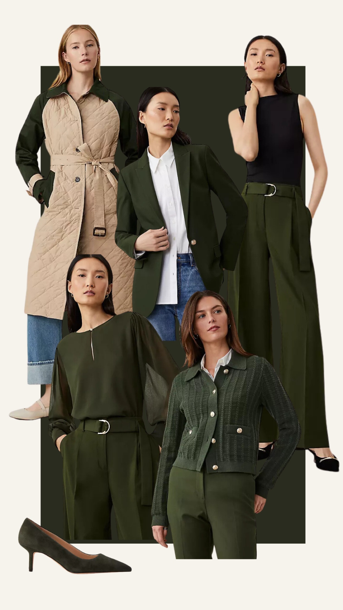 Dark forest green for autumns, olive, moss green, house of colour autumn, true autumn, warm autumn, dark autumn, work wear, professional, blazer, jacket, pants, trouser, belt, trench coat, quilted trench, sweater jacket, gold buttons, classic, pointed toe pumps, suede pumps, blouse

#LTKWorkwear #LTKFindsUnder100 #LTKStyleTip