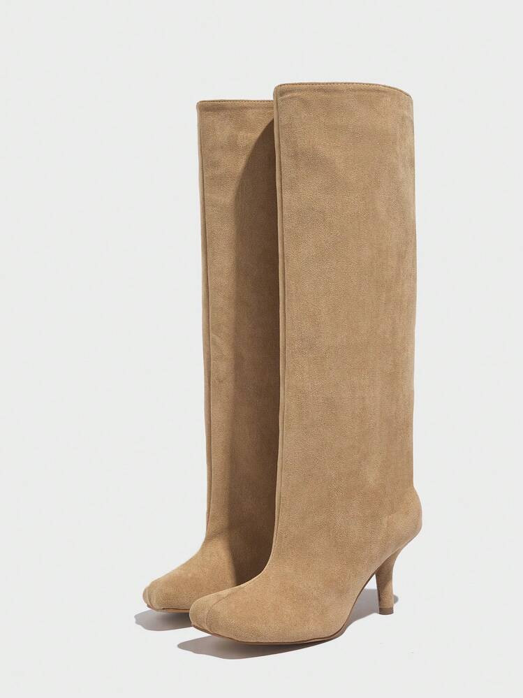 Match With Jeans,Women's Classic Runway Elastic Mid-Calf Boots, Asymmetric Heel Square Toe Suede Autumn/Winter Warm Sexy Legging Boots, Khaki Color,Kitten Heel Boots,Party | SHEIN