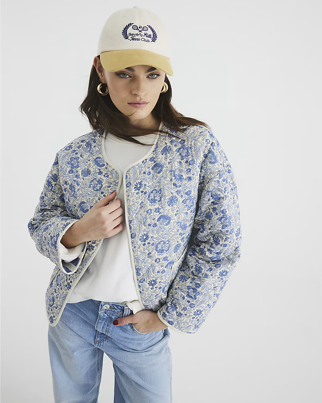 Blue Floral Stripe Reversible Quilted Jacket | River Island UK & IE