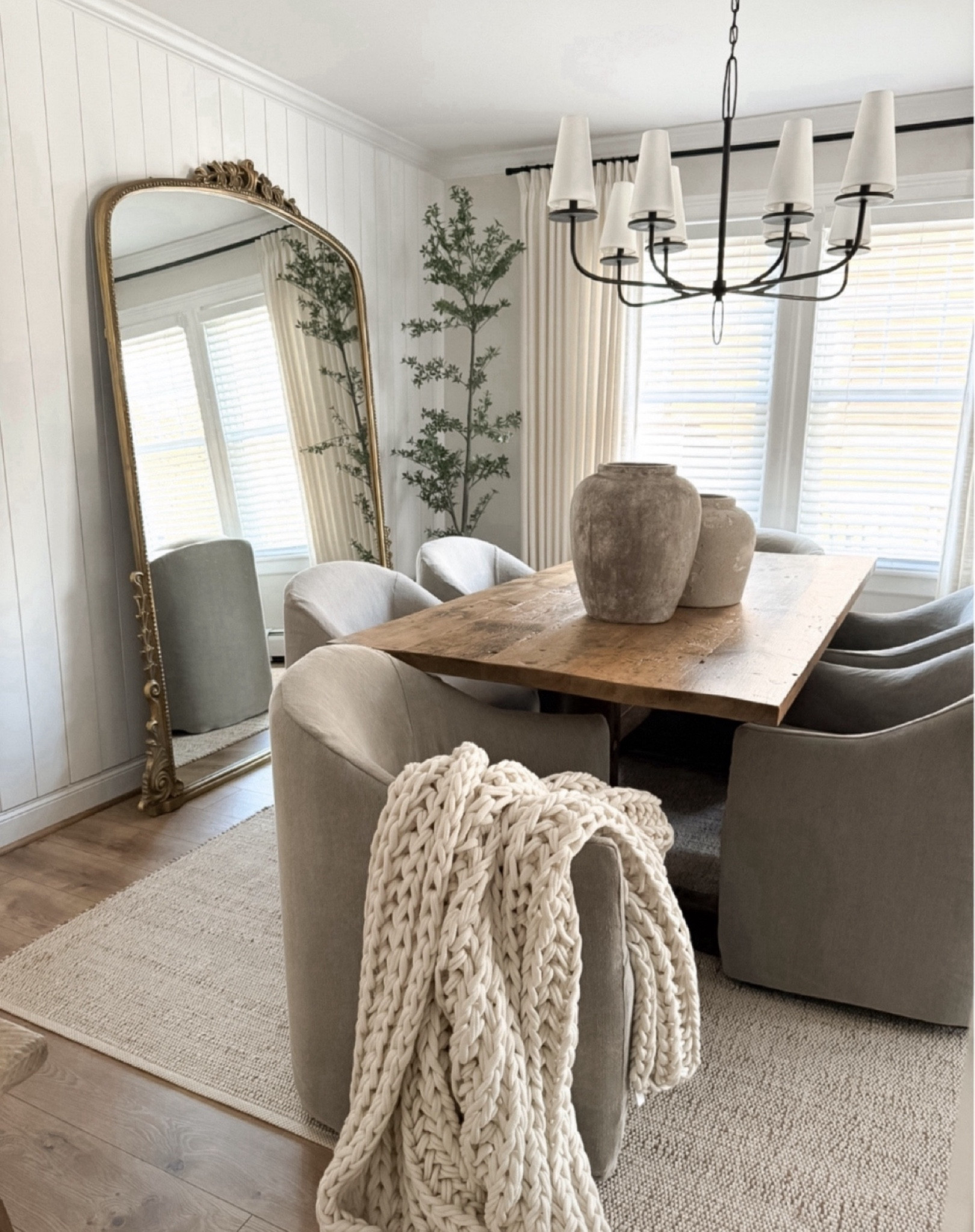 Dining room, dining chairs, floor mirror, Anthropologie, chandelier, throw blanket, olive tree, area rug, jute rug, neutral decor, drapes, affordable home 

#LTKStyleTip #LTKHome