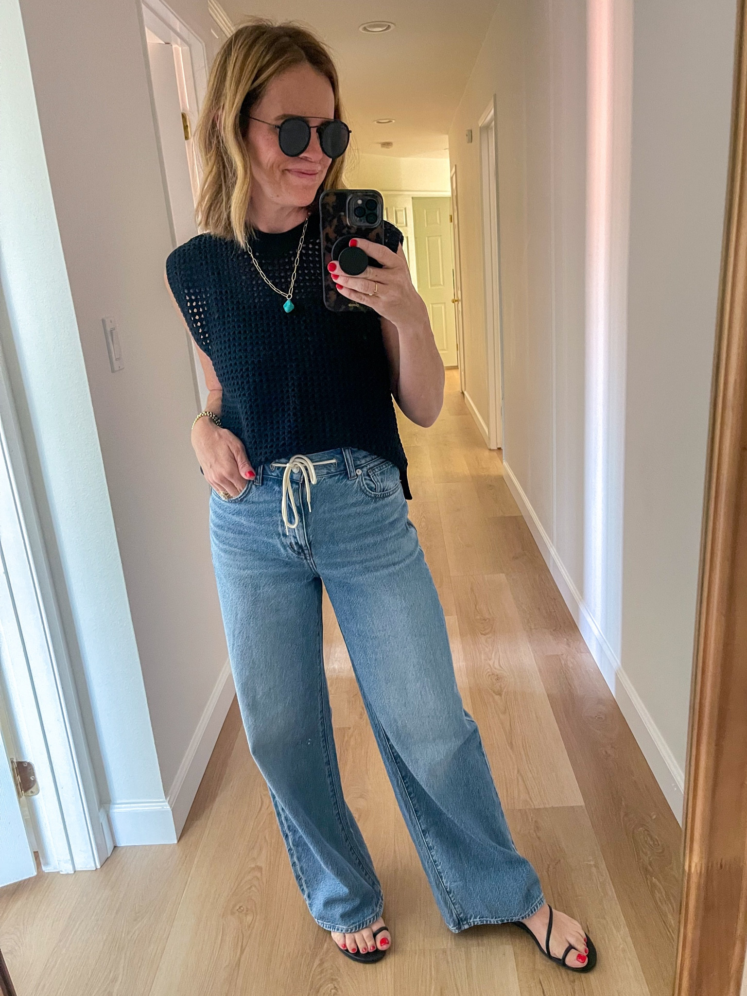 LOVING these drawstring jeans!! Wearing me true size, in a 25.

Top is TTS, in a small 

Sandals I sized up 1/2 a size 

Madewell
High waist wide leg drawstring jeans 
Abercrombie 
Minimalist sandals 
Summer style
Summer outfit 
Mom style 
Mom outfit 
Reformation 

#LTKStyleTip #LTKOver40 #LTKShoeCrush