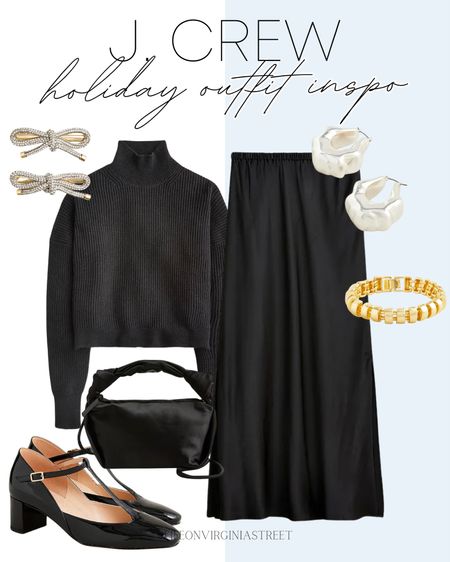 J. Crew Womens Holiday Outfit Inspo! This outfit can go from work to holiday party or a night out!

Holiday fashion, workwear, chic fashion, black sweater, black slip skirt, black patton heels, gold bracelet, silver pearl earrings, bow hair clips, black satin purse

#LTKSeasonal #LTKHoliday #LTKstyletip