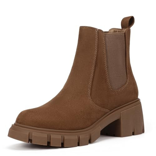 IDIFU Brown Chelsea Boots for Women Platform Lug Sole Low Chunky Block Heel Ankle Boots Fashion Casual Elastic Short Booties Comfortable Stylish Cute Slip on Fall Boots(Brown Suede, 6.5) | Amazon (US)