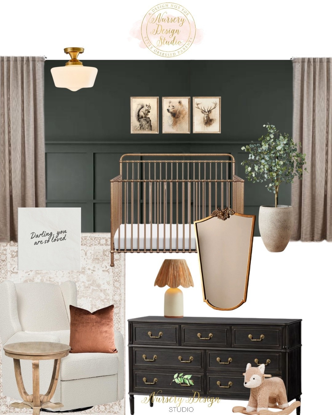The formula for an elevated woodland nursery: a vintage-inspired gold crib, weathered wood dresser, cozy neutral glider, antique-style lighting, and woodland artwork layered against the perfect deep green. Shop the pieces from Raleigh’s nursery here.

#LTKBaby #LTKBump #LTKKids