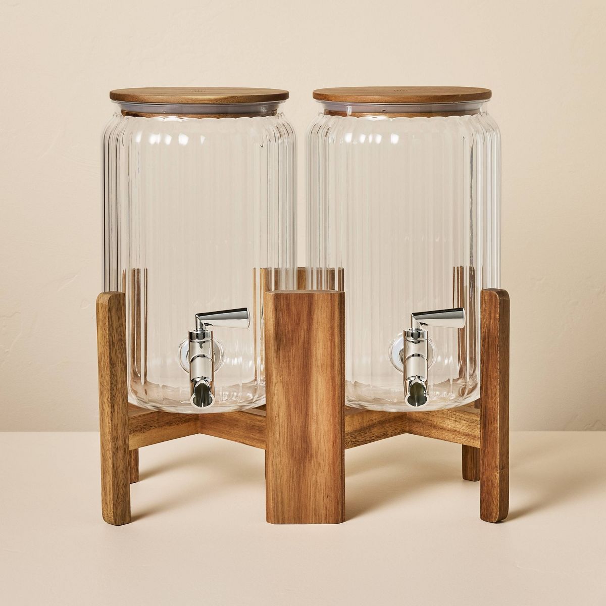 3gal Ribbed Plastic Double Beverage Dispenser with Wood Stand - Hearth & Hand™ with Magnolia | Target