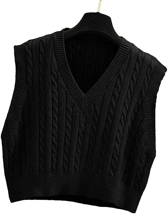 Lailezou Women's V-Neck Knit Sweater Vest Solid Color Argyle Plaid Preppy Style Sleeveless Crop K... | Amazon (US)
