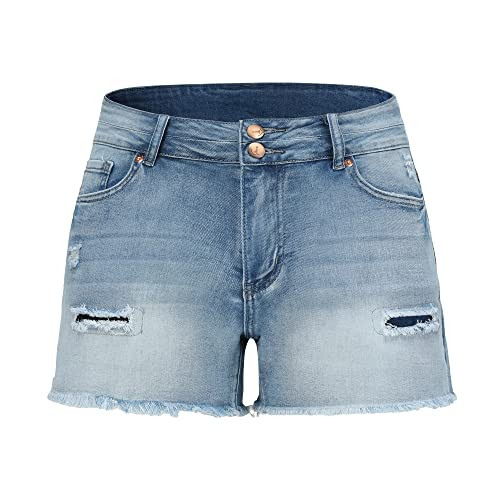 THUNDER STAR Women Mid Rise Ripped Stretchy Jeans Shorts Frayed Raw Hem Casual Denim Shorts | Amazon (US)