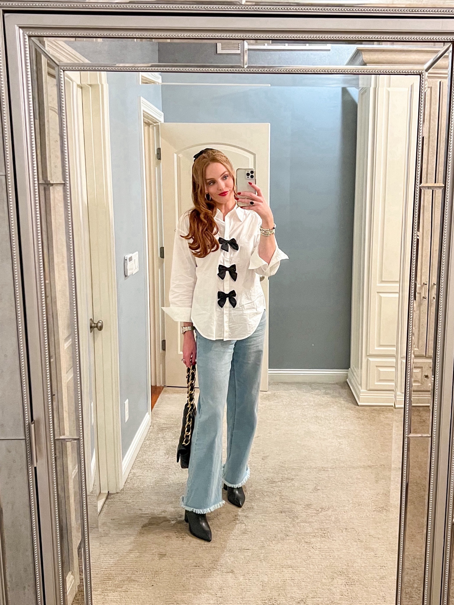 Bow top fits true to size, wearing medium. Booties are very comfortable and fit true to size, wearing 10.

Bow blouse - bow top - black bow - DSW - boots - booties - casual style - going out - date night - versatile style - Macys - Zappos - Amazon bows - Amazon - button down - unique style - classy - Classic - 2024 style - NYE - 2024 - under $100 - denim - flare jeans 

#LTKshoecrush #LTKfindsunder100 #LTKSeasonal