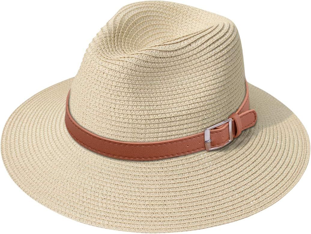 Women Wide Brim Straw Panama Roll up Hat Fedora Beach Sun Hat UPF50+ | Amazon (US)