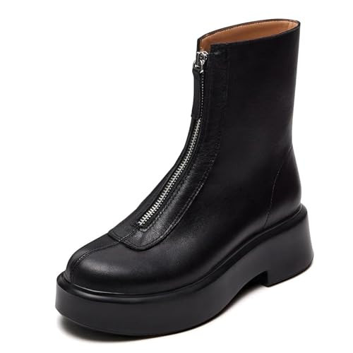 ZJGZF Women's Platform Ankle Boots Leather Black Boot Chelsea Booties Block Heel Round Toe Short Combat Boots Comfortable Zipper Winter Snow Boot Casual Dessy | Amazon (US)