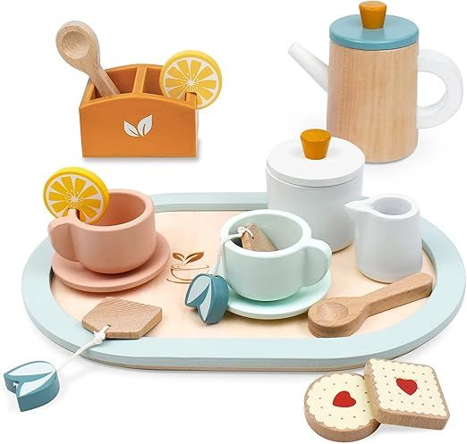 Amazon.com: PairPear Wooden Tea Set for Little Girls, Wooden Toys Toddler Tea Set Play Kitchen Ac... | Amazon (US)
