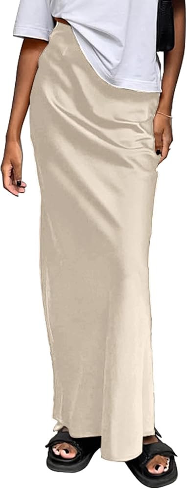 Amy Babe Women's Satin Silky High Waist Maxi Skirt Elegant Elastic Waistband A Line Long Skirts | Amazon (US)