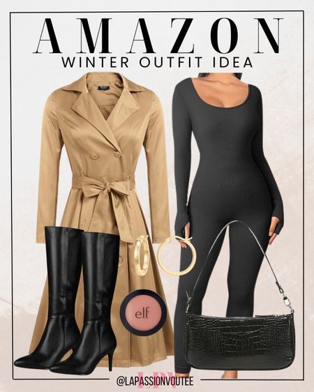 Channel winter vibes with Amazon's ensemble: a statement long coat paired with a sleek whole body bodysuit, elevated by tall boots. Accessorize with eye-catching earrings and a chic shoulder bag. Embrace the season in style, from head to toe.

#LTKHoliday #LTKstyletip #LTKSeasonal