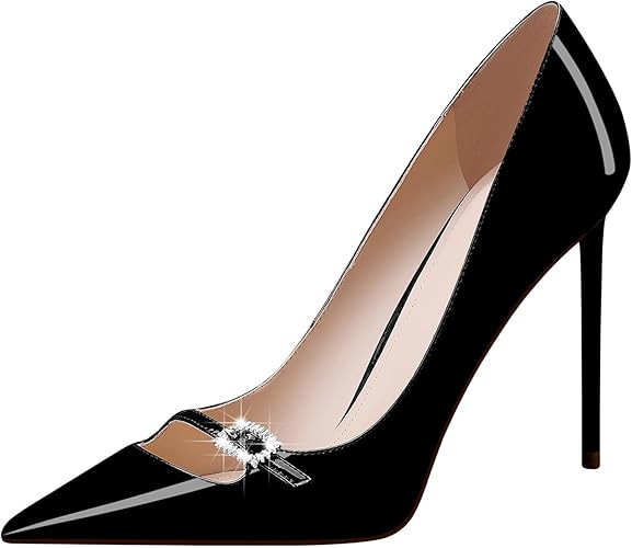 Women's Patent Leather Stiletto High Heels Pumps with Rhinestone Buckle Pointed Toe Slip on Sexy ... | Amazon (US)