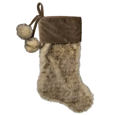Northlight 20.5" Brown Plush Christmas Stocking with Corduroy Cuff and Pom Poms | Target