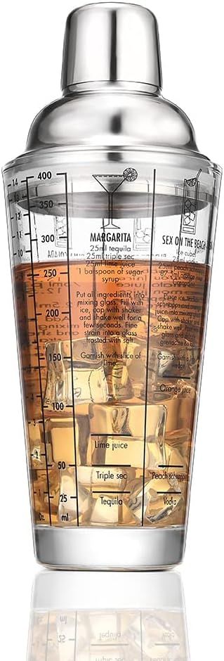 Glass Cocktail Shaker, 14oz Martini Shaker with Recipes on Side | Clear Bar Shaker with Measureme... | Amazon (US)