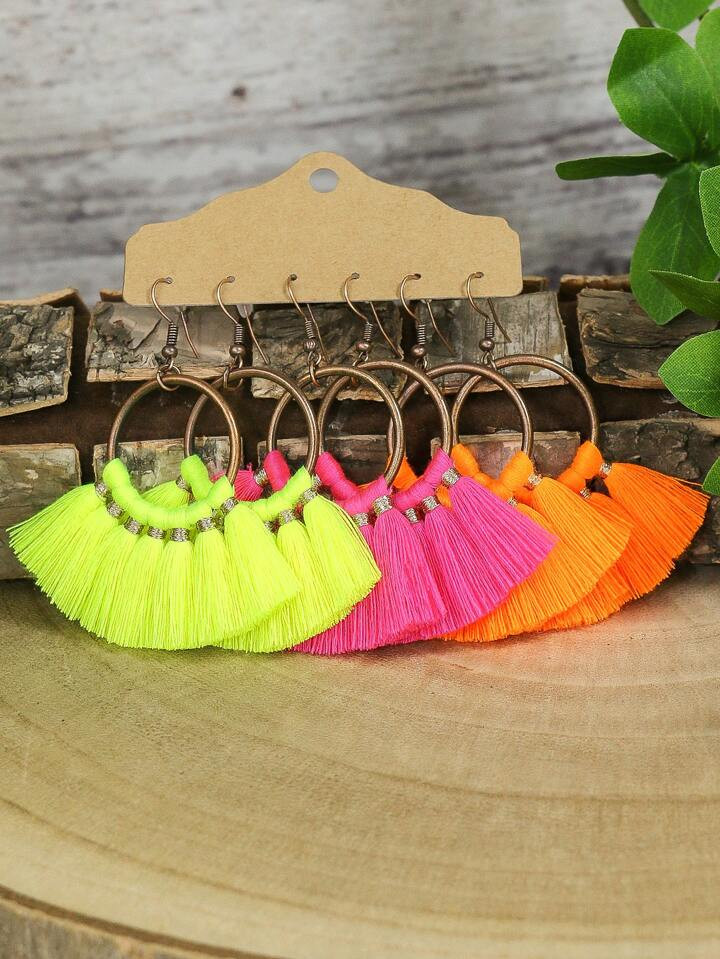 3pcs Bohemian Colored Tassel Pendant Earrings Retro Alloy Jewelry For Women's Beach Hanging Earri... | SHEIN