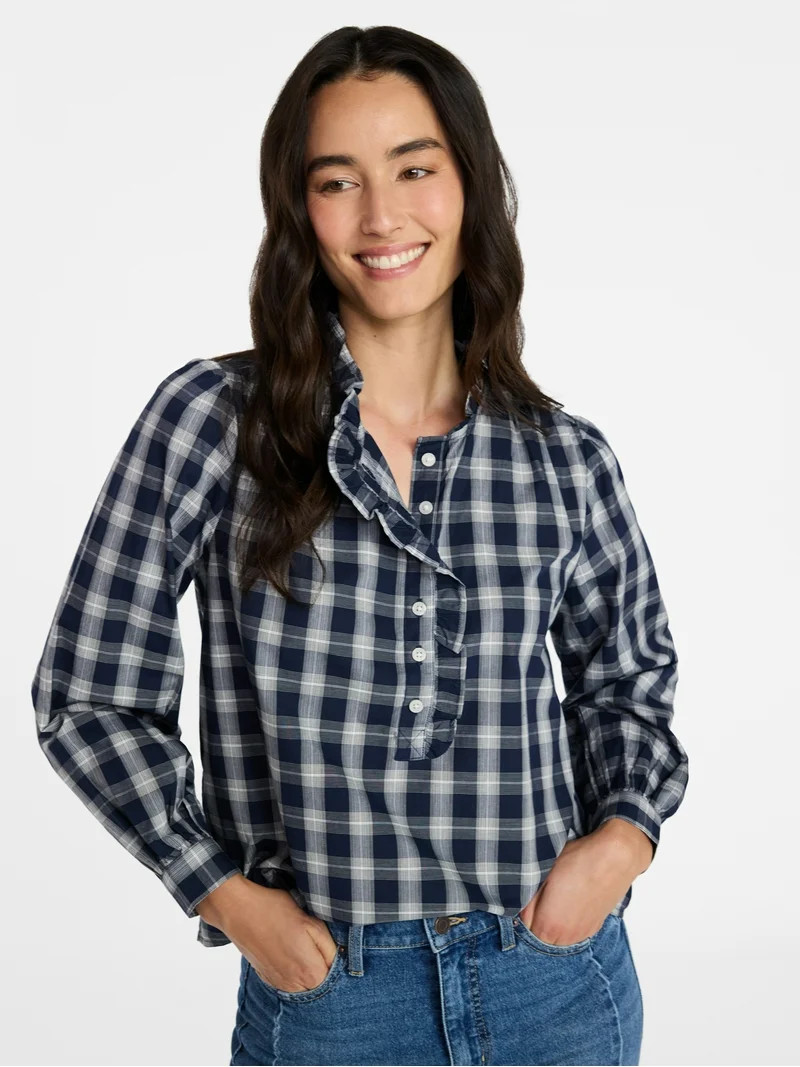 Time and Tru Women's Ruffle Neck Button Front Cotton Shirt with Long Sleeves, Sizes XS-XXXL | Walmart (US)