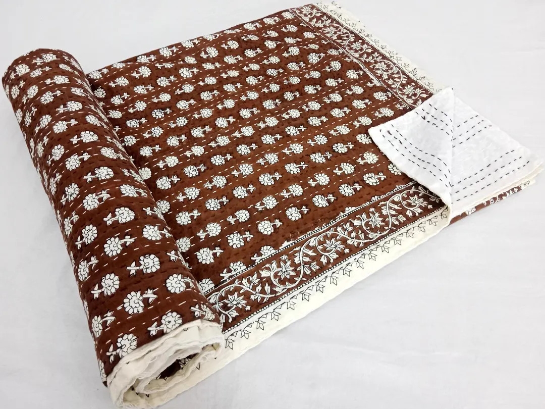 Handmade Brown Kantha Quilt | Block Print Cotton Blanket With Floral Pattern | Boho Bedding Throw... | Etsy (US)