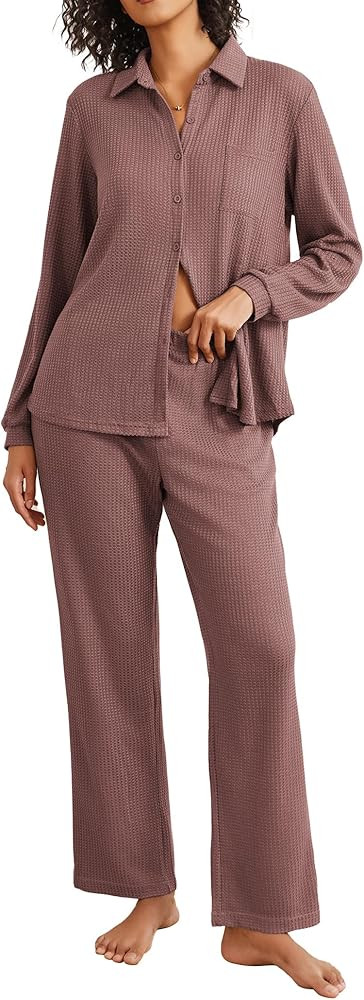 Ekouaer Womens Waffle Knit Pajamas Set 2 Pieces Loungewear Long Sleeve Button Down Matching Sleep... | Amazon (US)