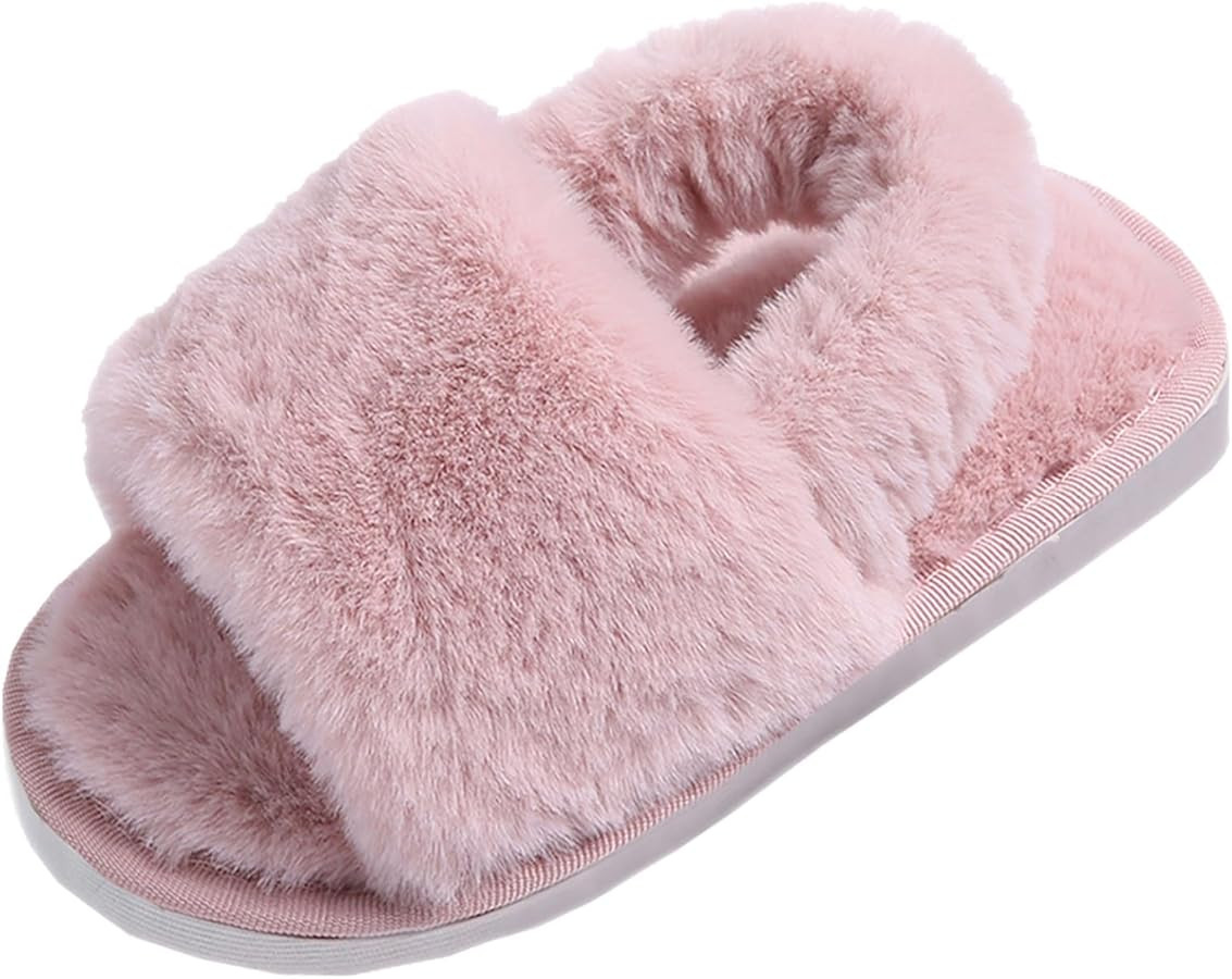 LightFun Pantuflas peludas y peludas para niña, con banda cruzada, sandalias de piel para niñas... | Amazon (US)