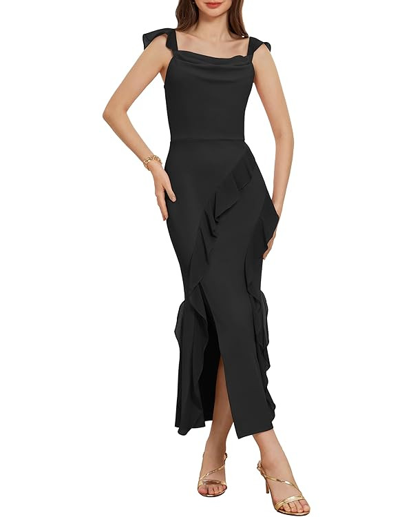 GRACE KARIN Women's Cowl Neck Sleeveless Ruffled Fishtail Dress High Slit Bodycon Cocktail Party ... | Amazon (US)