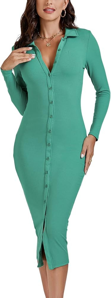 LYANER Women's Button Down Collar V Neck Ribbed Knit Long Sleeve Bodycon Midi Dress | Amazon (US)