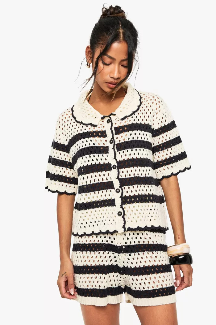 Crochet Stripe Collared Shirt | Boohoo.com (UK & IE)