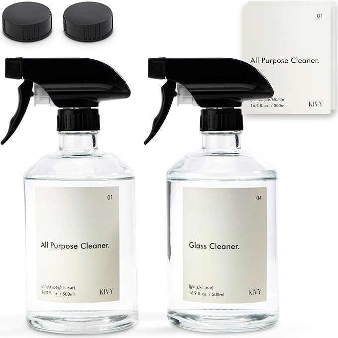 KIVY Glass spray bottles for cleaning + Labels - 2x 16oz Empty spray bottles for cleaning - Water... | Amazon (US)