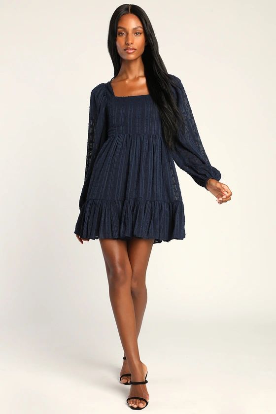 Only You and I Navy Blue Long Sleeve Tie-Back Mini Skater Dress | Lulus