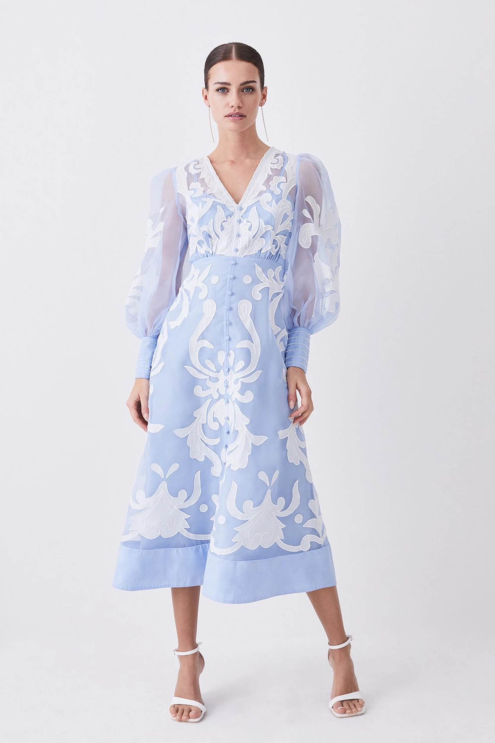 Tall Applique Organdie Buttoned Woven Maxi Dress | Karen Millen UK + IE + DE + NL