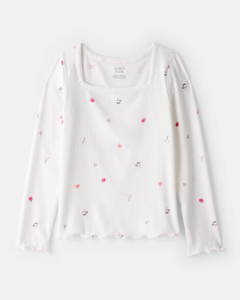 Girls Cafe-Print Ribbed Top - Ivory | Carter's Inc