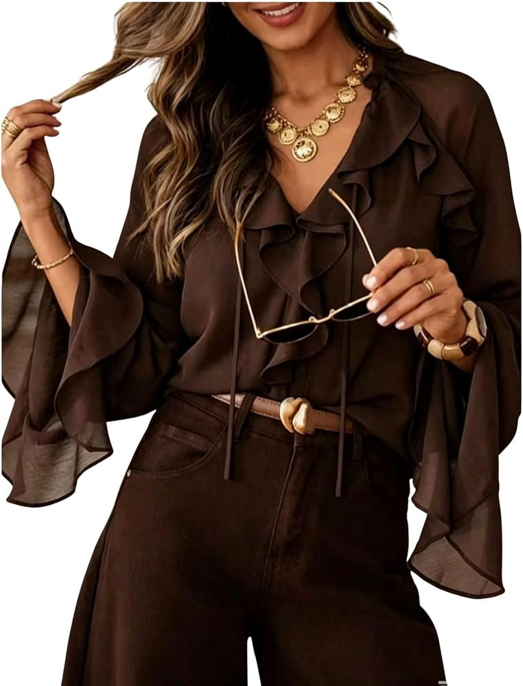 Verdusa Women's Chiffon Ruffle Blouse V Neck Long Bell Sleeve Elegant Tops Going Out Outfits | Amazon (US)