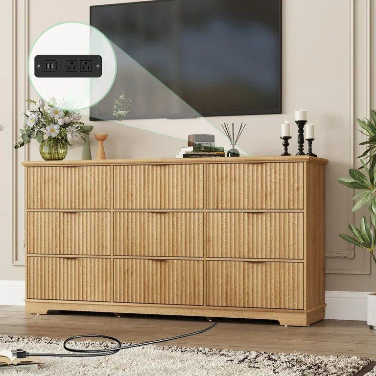 ChVans Fluted 9 Drawer Dressers with Power Outlet for Bedroom, 63" Wide Farmhouse Chest of Drawer... | Walmart (US)
