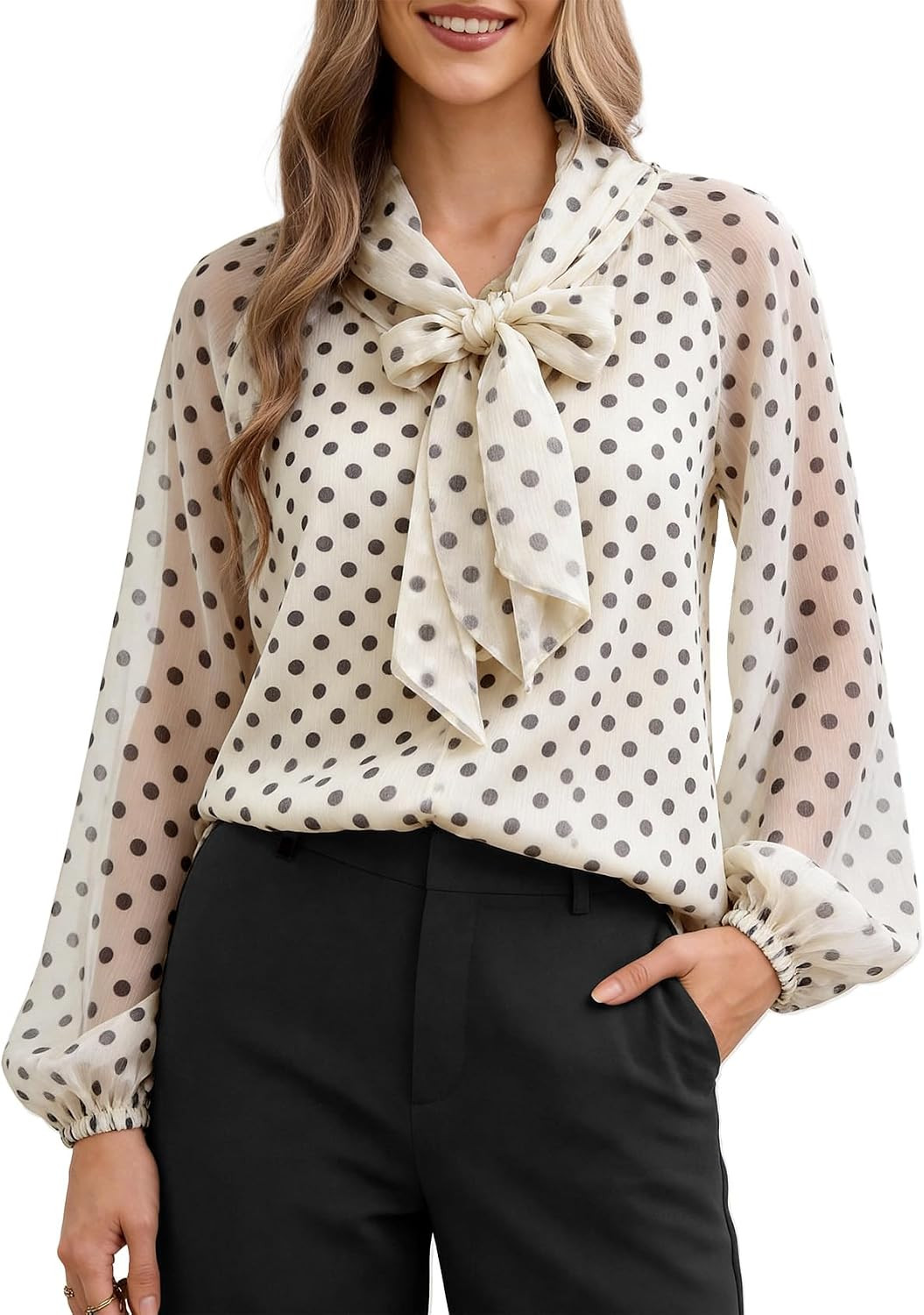 Womens Polka Dot Blouse Bow Tie Shirt Long Sleeve Chiffon Top | Amazon (US)