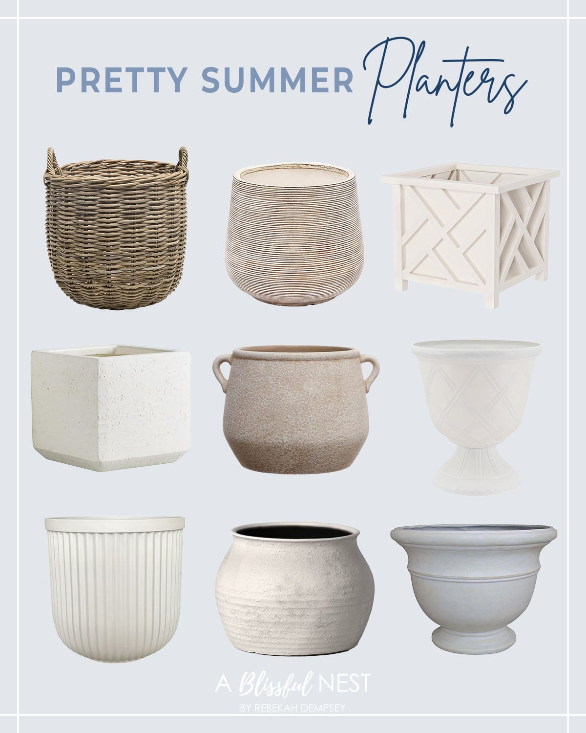 These summer planters are perfect for adding texture and charm outdoors. Snag them here.
woven basket planter, striped ceramic planter, white lattice square planter, white concrete cube planter, textured beige planter with handles, white pedestal planter, ribbed white planter, textured white round planter, grey scalloped planter #LTKFindsUnder50 #LTKFindsUnder100 

 #LTKHome