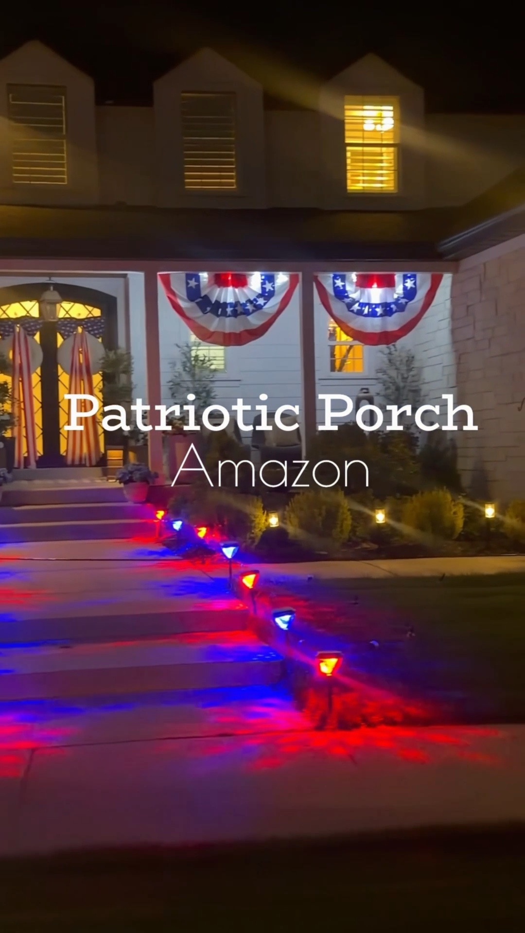 Easy patriotic porch in minutes!!! And what a showstopper it is!  Love the pathway lights they have presets for every holiday, can change to any color and have lots of pattern options.  No plugs either, totally solar powered! The buntings are huge and absolutely gorgeous, I put an inexpensive lighted bunting behind them for an awesome light up effect.  This really pulled the house together and made it stand out!  Loving the large American bows for the doors.  Super excited how this all came together.  Perfect from Memorial Day to the 4th!  I had to pull out all the stops for America’s 250th birthday this year 🇺🇸

#LTKSeasonal #LTKHome