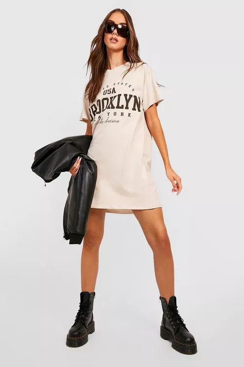 Brooklyn Slogan Print Oversized T-shirt Dress | Boohoo.com (US & CA)