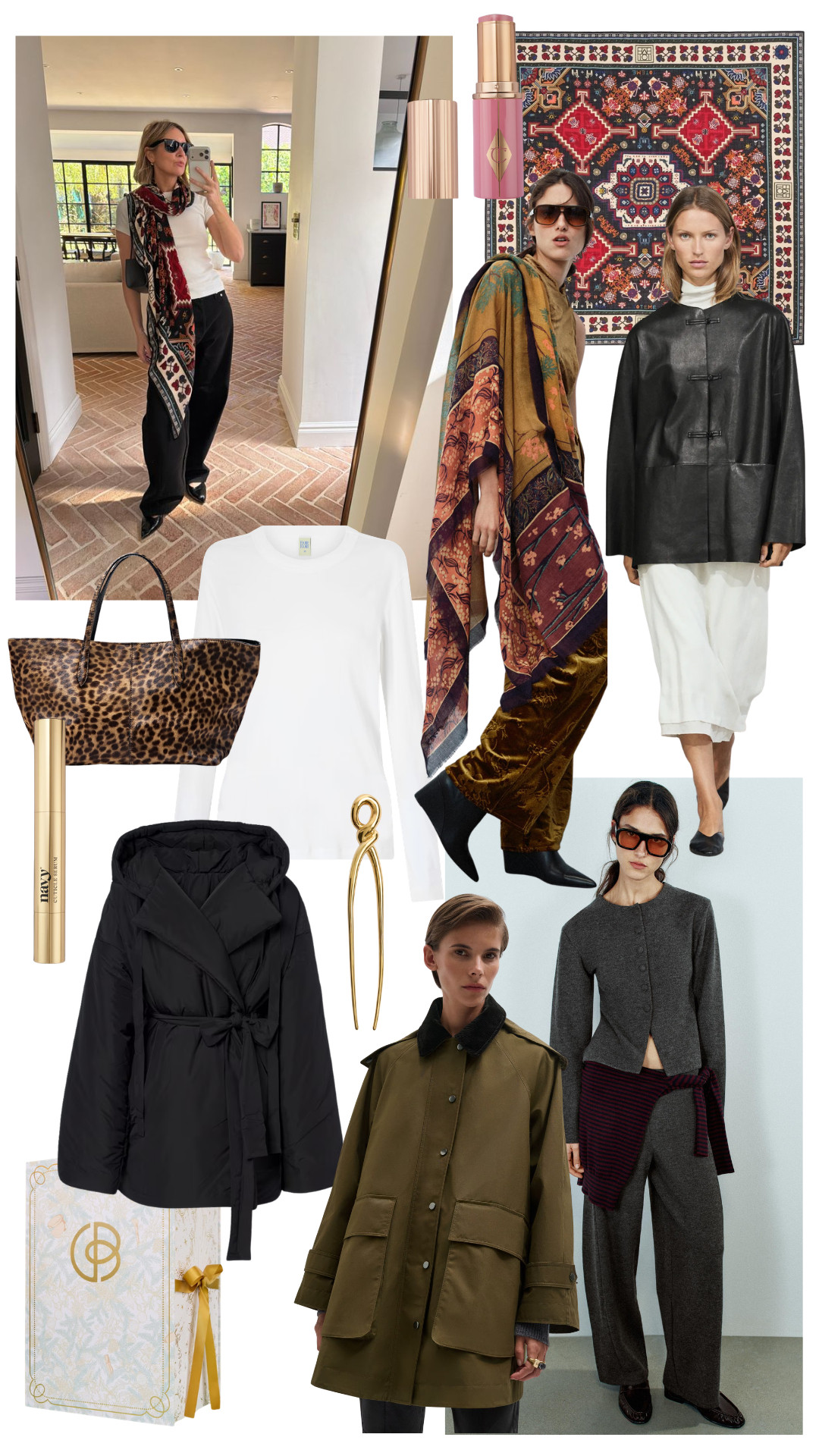 printed silk scarf, boho paisley scarf, white long sleeve top, leopard print tote, black leather chore jacket, frog closure jacket, cream culottes, black wrap puffer coat, black belted jacket, olive utility jacket, field jacket, grey button front cardigan, wide leg trousers, black block heel boots, black loafers, black ballet flats, gold statement earrings, gold hair pin, cuticle oil, tinted lip balm, cat eye sunglasses, autumn edit, layering pieces, transitional dressing, quiet luxury, elevated basics, effortless chic, ltkstyletip, ltkseasonal, ltknewin, ltkfindsunder100, ltkbeauty, outfit inspo, capsule wardrobe essentials

#LTKFashionMonth #LTKuk #LTKgiftguide