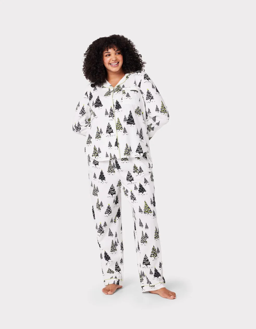 Organic Cotton White & Black Christmas Tree Print Long Pyjama Set | Chelsea Peers NYC