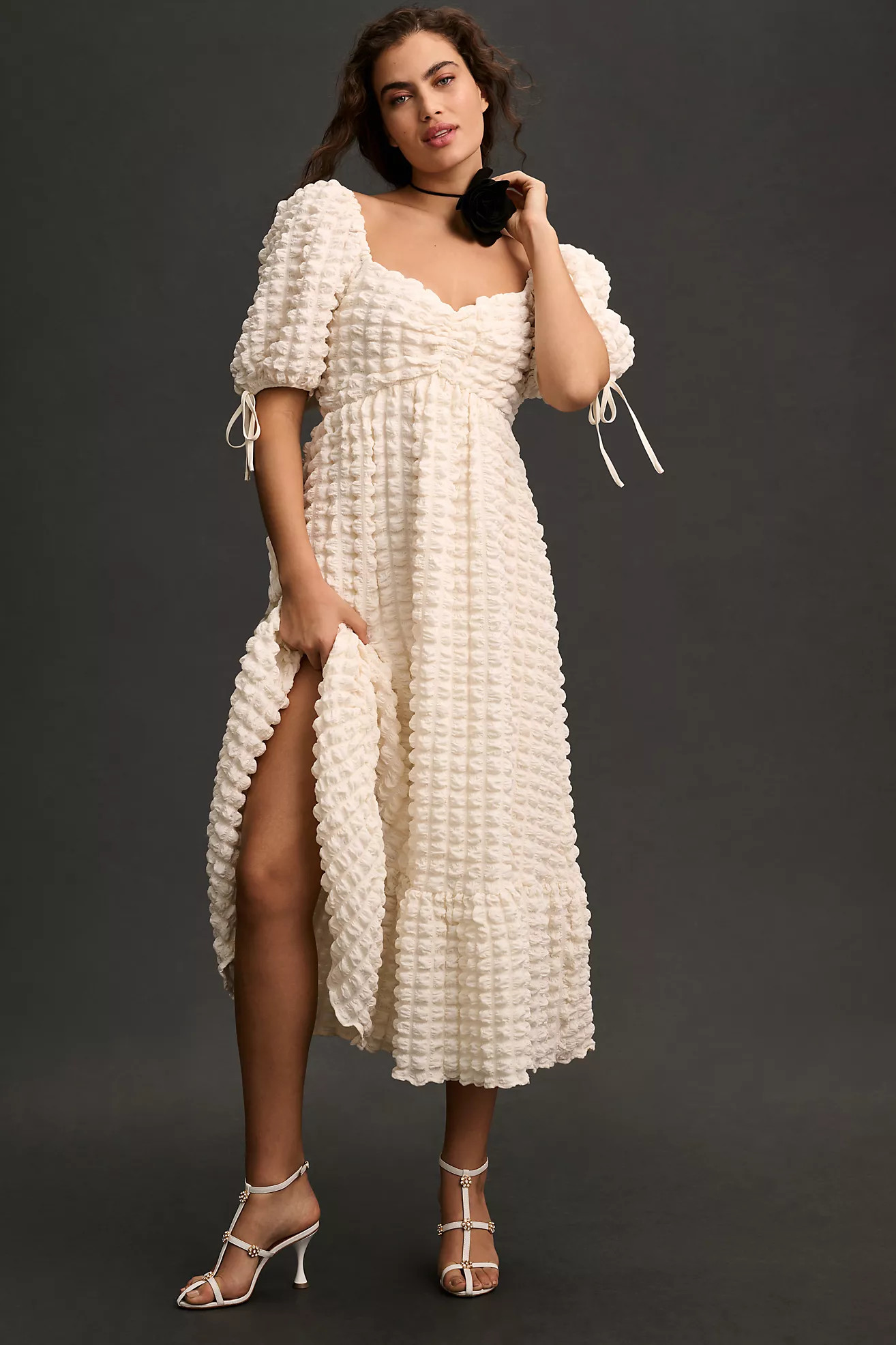 Endless Rose Puff-Sleeve Sweetheart Textured Midi Dress | Anthropologie (US)