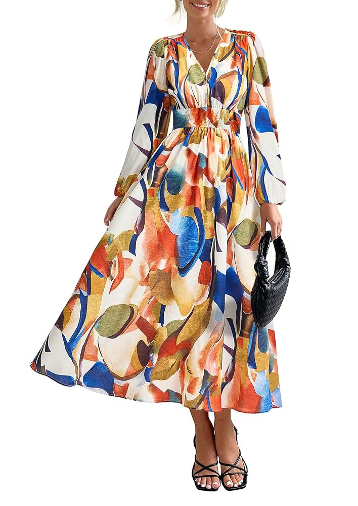 PRETTYGARDEN Women's Floral Midi Dress Casual Fall V Neck Long Sleeve Flowy Spring Beach Wedding ... | Amazon (US)