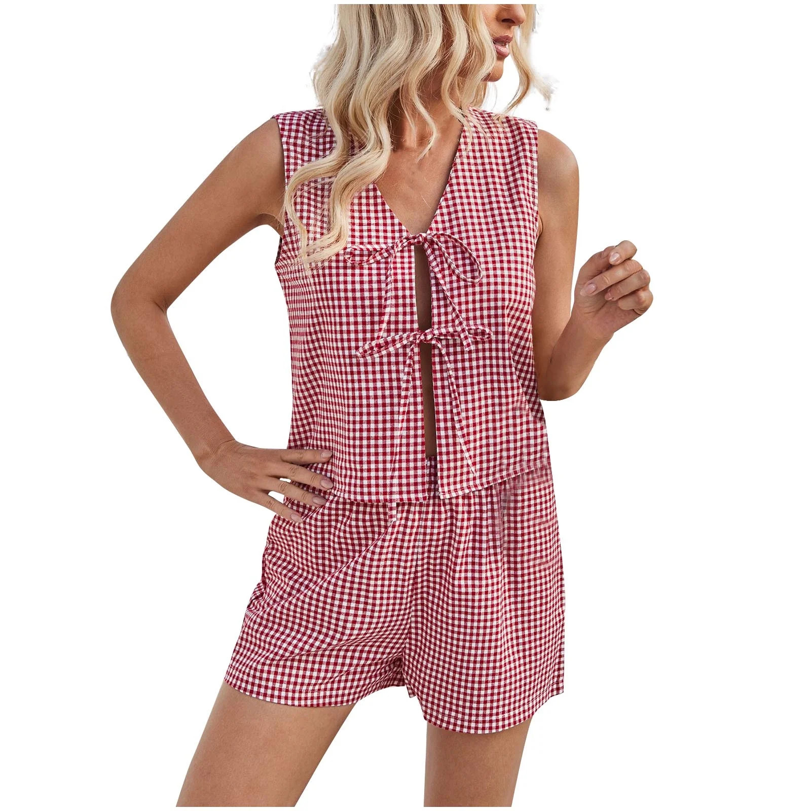 Jamicy Womens Summer Wear Gift for Mother Women's Two Piece Outfit Gingham Tie Up Front Tank Tops... | Walmart (US)