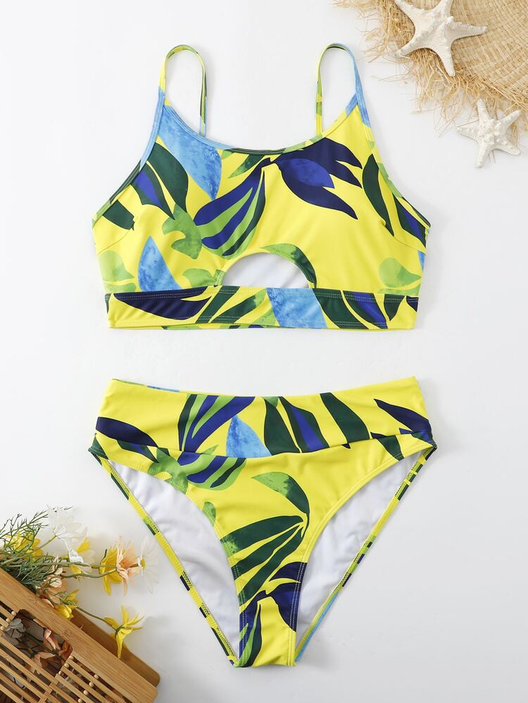 Plus Plant Print Cut Out Bikini Swimsuit | SHEIN